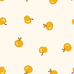 Seamless pattern with apple on white background. Natural delicious fresh ripe tasty fruit. Vector illustration for print, fabric, textile, banner, design. Stylized apples with leaves. Food concept
