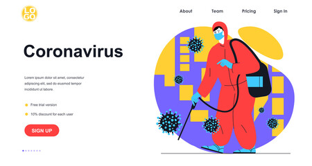 Stop coronavirus web banner concept. Medic in protective suit with disinfectant treats surfaces. Fighting viral infection, landing page template. Vector illustration with people scene in flat design