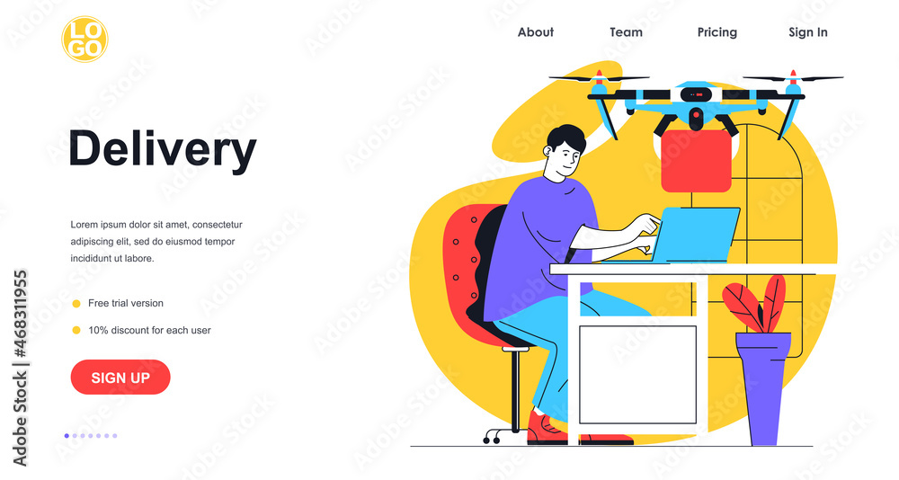 Aufkleber delivery service web banner concept. man orders home delivery, drone with box flying and carrying pa