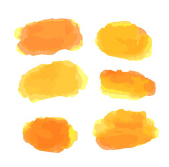 Orange watercolor painted vector stains set. Art brush paint texture.  Set of Yellow and orange watercolor elements, creation on white, for a trendy design of your website.