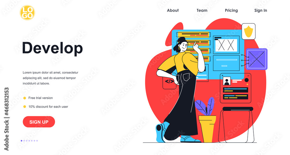Poster Develop software web banner concept. Woman developer programming and optimizes website or settings apps, working at office, landing page template. Vector illustration with people scene in flat design