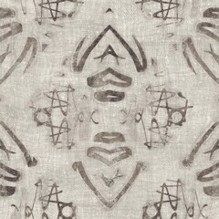 Seamless tan brown grungy tribal neutral rug motif surface pattern design for print. High quality illustration. Distressed bohemian ethnic repeat swatch. Hand drawn diamond damask textile design.