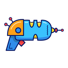 Flat vector illustration with cartoon blaster. Blue laser weapon or ray gun on isolated white background. 