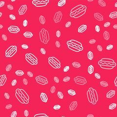 White line Hotdog sandwich with mustard icon isolated seamless pattern on red background. Sausage icon. Fast food sign. Vector