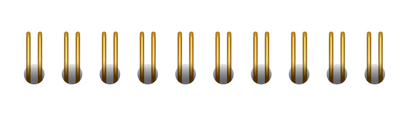 Gold horizontal spiral for notebooks and calendars. Gold spiral bindings for sheets of paper. Vector illustration isolated on realistic style on white background.