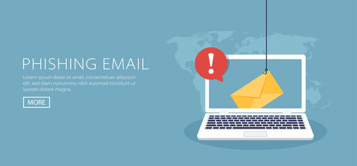 Data phishing, hacking online scam on computer laptop concept. Fishing by email, envelope and fishing hook symbol.