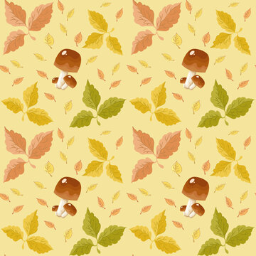 Pattern with colorful mushrooms and autumn leaves.Elegant floral background.  Repeat design for decor, textile, print.