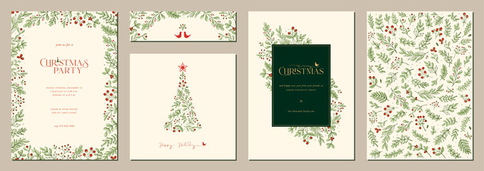 Merry and Bright Corporate Holiday cards. Universal abstract creative artistic templates with Christmas tree, birds, ornate floral frames and backgrounds. - obrazy, fototapety, plakaty