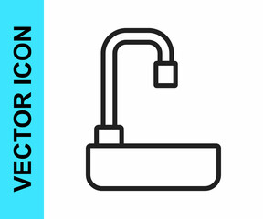 Black line Washbasin with water tap icon isolated on white background. Vector