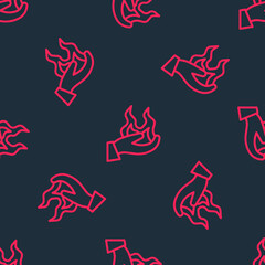 Red line Hand holding a fire icon isolated seamless pattern on black background. Vector