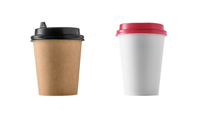 Different paper coffee cups on white background.