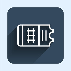 Fototapeta premium White line Train ticket icon isolated with long shadow background. Travel by railway. Blue square button. Vector