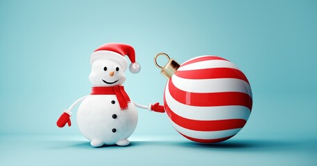 Cute Snowman in Santa Claus hat on light pastel background - 3D, render. Christmas and New Year symbol with gifts and toys. Greeting card, banner, template with copy space.	
