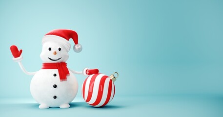 Cute Snowman in Santa Claus hat on light pastel background - 3D, render. Christmas and New Year symbol with gifts and toys. Greeting card, banner, template with copy space.	
