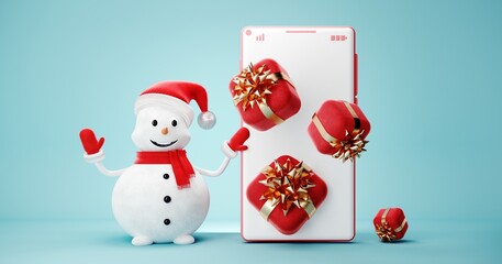 Cute Snowman in Santa Claus hat on light pastel background - 3D, render. Christmas and New Year symbol with gifts and toys. Greeting card, banner, template with copy space.	
