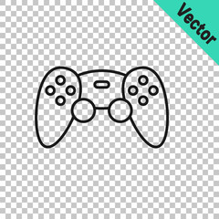 Black line Game controller or joystick for game console icon isolated on transparent background. Vector