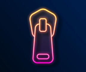 Glowing neon line Zipper icon isolated on black background. Vector