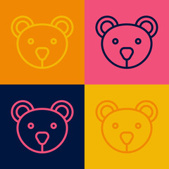 Pop art line Teddy bear plush toy icon isolated on color background. Vector