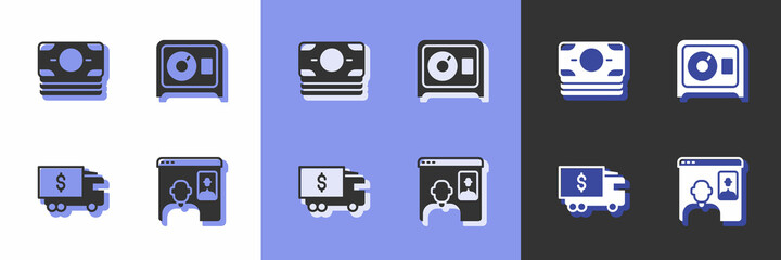 Set Video chat conference, Stacks paper money cash, Armored truck and Safe icon. Vector