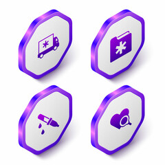 Set Isometric Ambulance car, Medical health record folder, Pipette and heart inspection icon. Purple hexagon button. Vector