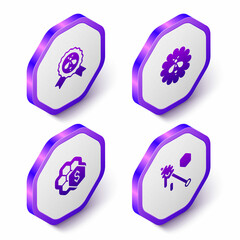 Set Isometric Best bee, Bee on flower, Sale of honeycomb and Honey dipper stick icon. Purple hexagon button. Vector