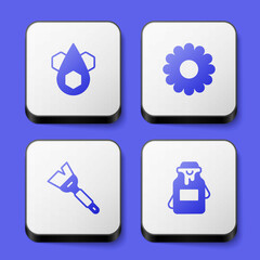 Set Honeycomb, Flower, Beekeeping brush and Jar of honey icon. White square button. Vector