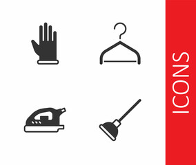Set Rubber plunger, gloves, Electric iron and Hanger wardrobe icon. Vector
