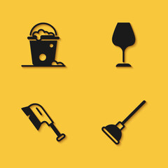 Set Bucket with foam and bubbles, Rubber plunger, Brush for cleaning and Wine glass icon with long shadow. Vector