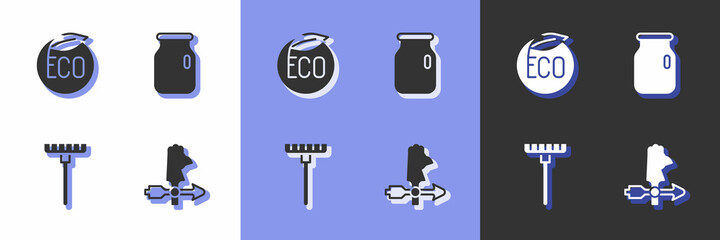 Set Rooster weather vane, Eco healthy food, Garden rake and Glass jar with screw-cap icon. Vector