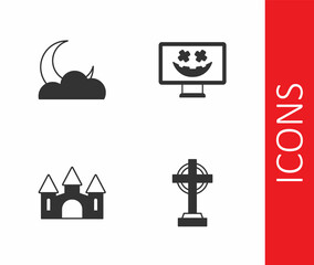 Set Tombstone with cross, Moon and stars, Castle and Happy Halloween holiday icon. Vector