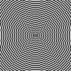 Abstract black and white circular striped background. Geometric pattern with visual distortion effect. Optical illusion. Op art.