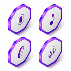 Set Isometric Gem stone, Piercing, Wedding ring and Earrings icon. Purple hexagon button. Vector