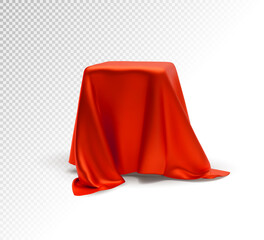 Realistic 3d red product podium display covered golden fabric drapery folds isolated on transparent background. Vector illustration EPS10 - 468315998
