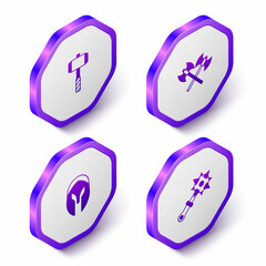 Set Isometric Battle hammer, Crossed medieval axes, Medieval helmet and Mace with spikes icon. Purple hexagon button. Vector
