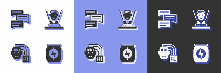 Set Energy drink, Speech bubble chat, Humanoid robot and Hologram icon. Vector