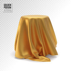 Realistic 3d round white product podium display covered golden fabric drapery folds isolated on white background. Vector illustration EPS10 - 468316550
