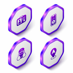 Set Isometric Taxi driver license, mobile app, and Location taxi car icon. Purple hexagon button. Vector