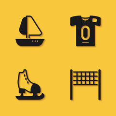 Set Yacht sailboat, Volleyball net, Skates and Football jersey and t-shirt icon with long shadow. Vector