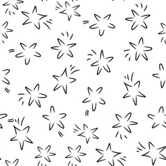 Festive cute seamless pattern with flying stars. Celebratory background with snowflakes and Christmas star. Ornament for gift wrapping paper, textile, surface textures. Vector Illustration.