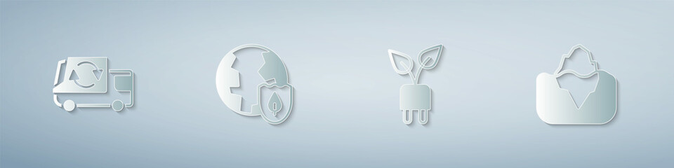 Set Garbage truck, Earth with shield, Electric saving plug in leaf and Iceberg. Paper art style. Vector