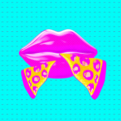 Minimalistic stylized collage art. 3d render stylish pizza and lips. Fast food lover concept