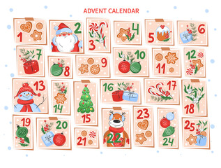 Christmas Advent Calendar for kids. Vector illustration