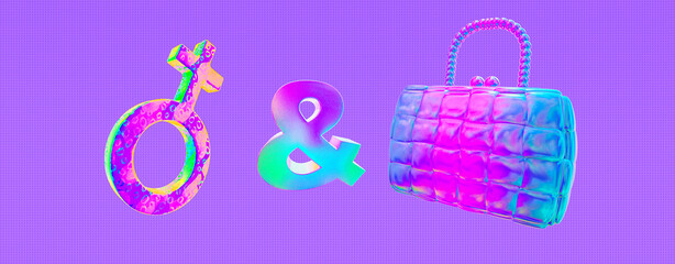 Minimalistic stylized collage banner art. 3d render stylish Woman symbol and shopping concept. Trendy purple holography design