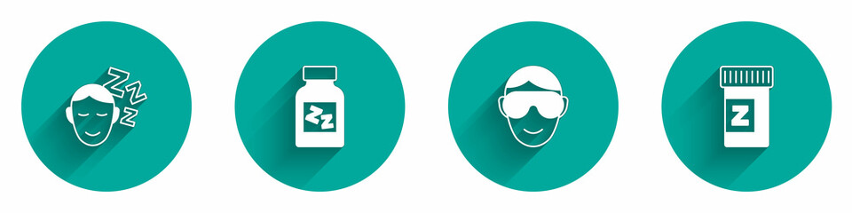 Set Dreams, Sleeping pill, Eye sleep mask and icon with long shadow. Vector