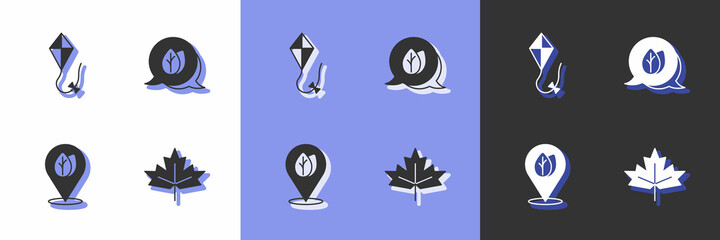 Set Canadian maple leaf, Kite, Location with and Leaf icon. Vector