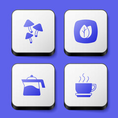 Set Mushroom, Leaf, Teapot and Coffee cup icon. White square button. Vector
