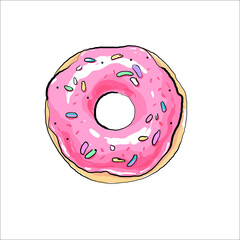 Pink donut hand drawn vector illustration isolated on white