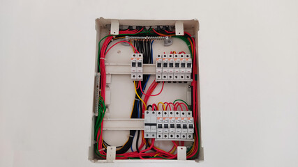 Inside of an electricity distribution board. Horizontal shot.