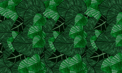 Green tropical leaves watercolor digital painting  vintage filter effect