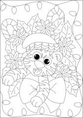Coloring book for children. A cute tiger in a hat peeks out of a Christmas wreath. Flat vector illustration for children's books and magazines